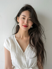 Elegant Young Woman with Long Hair in a Light Shirt