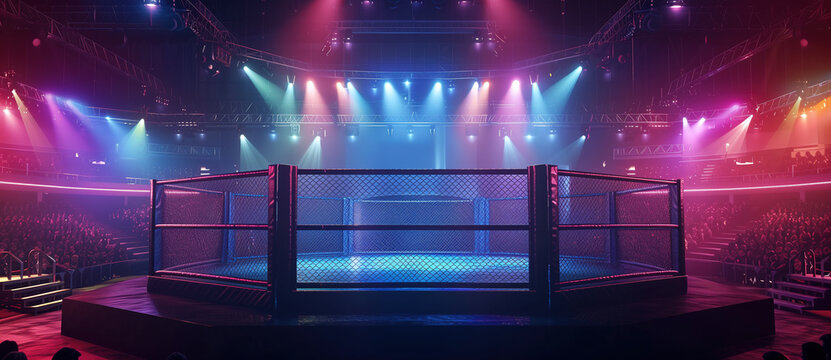 A mixed martial arts cage with a crowd watching. The lights are bright and colorful.