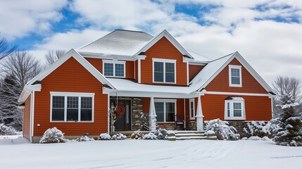 home featuring vinyl siding in burnt orange, where the contrast with the white snow outlines the house's architecture and showcases its robustness in adverse weather