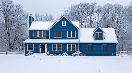home featuring vinyl siding in an intense cobalt blue, with the stark winter landscape accentuating its bold color, making it stand out in the snowy environment