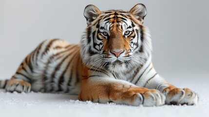 Fototapeta premium Tiger lying on snow against white background, close-up. Wildlife and nature concept
