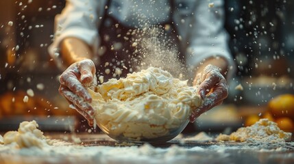 Chef Mixing Dough With Flour Explosion