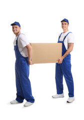 Loaders carrying cardboard box on white background