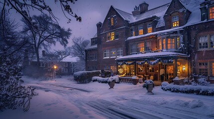 Naklejka premium luxurious brick-fronted hotel on a snowy evening, windows aglow with warm light, inviting travelers inside