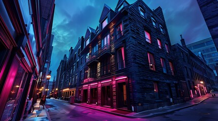 luxury boutique hotel with sleek, dark stone siding, nestled among neon-lit urban streets, offering a blend of tradition and modernity