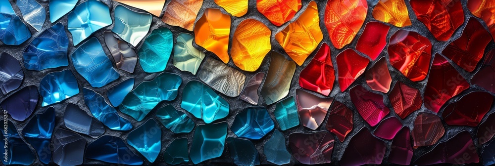 Poster an abstract design that showcases colorful stained glass pieces, creating vibrant patterns of light 