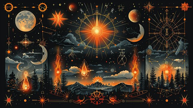 An astrology-themed illustration featuring intricate zodiac constellations, celestial symbols, and mystical elements, ideal for horoscopes or astrological content. Illustration, Minimalism,