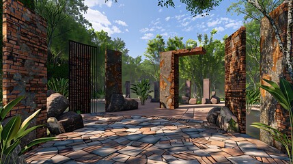 modern art sculpture garden with installations made from bricks and stones, exploring the intersection of natural materials and contemporary art