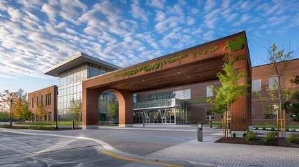 Naklejka premium modern civic center with a sweeping brick archway entrance, inviting the community to engage in civic activities and gatherings