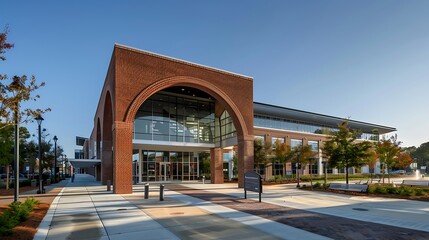 modern civic center with a sweeping brick archway entrance, inviting the community to engage in civic activities and gatherings