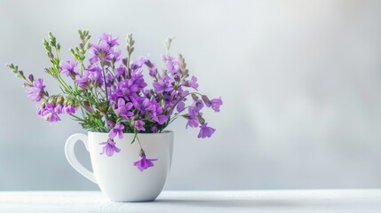 Obraz premium Violet statice flower bouquet in a coffee cup on a white table with empty space for text or image