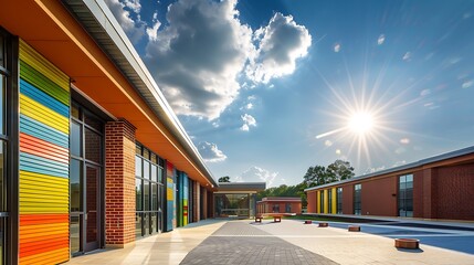 modern elementary school with colorful brick siding, designed to be both inviting and energy efficient, under a sunny sky