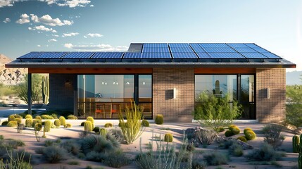 Obraz premium modern home with sleek brick siding, integrated solar panels, amidst a desert landscape, demonstrating energy efficiency