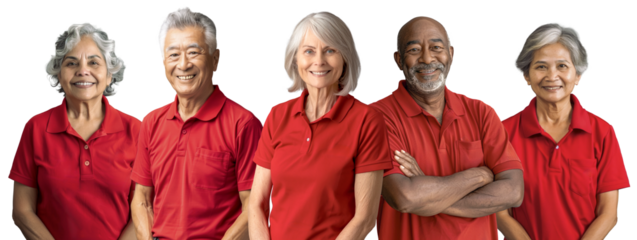 Group of diverse senior employee in red polo shirts, smiling confidently, with a friendly and positive demeanor.