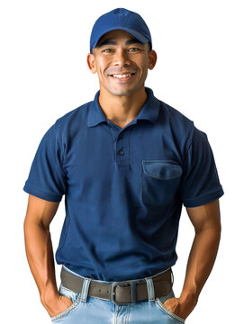 Pacific Islander man in his 30s wearing a blue polo shirt and cap, smiling confidently against a transparent background.