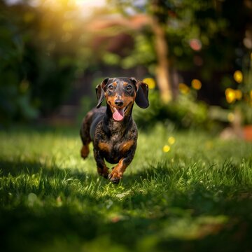  Um cachorro Dachshund de pelo preto e castanho corre em um gramado verdejante, com a l&iacute;ngua de fora e uma express&atilde;o alegre. O fundo desfocado com luz solar real&ccedil;a a energia e felicidade do c&atilde;o.