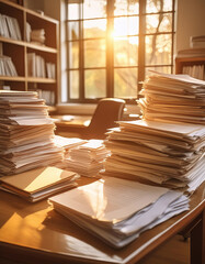 Obraz premium Sunlit Room Overwhelmed with Paperwork, Bookshelves Overflowing