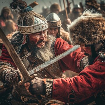 Tatar Mongols: nomadic warriors and conquerors, cultural legacy, military prowess, Eurasian steppes strength, traditional attire, resilience and the spirit of the historic nomadic lifestyle.