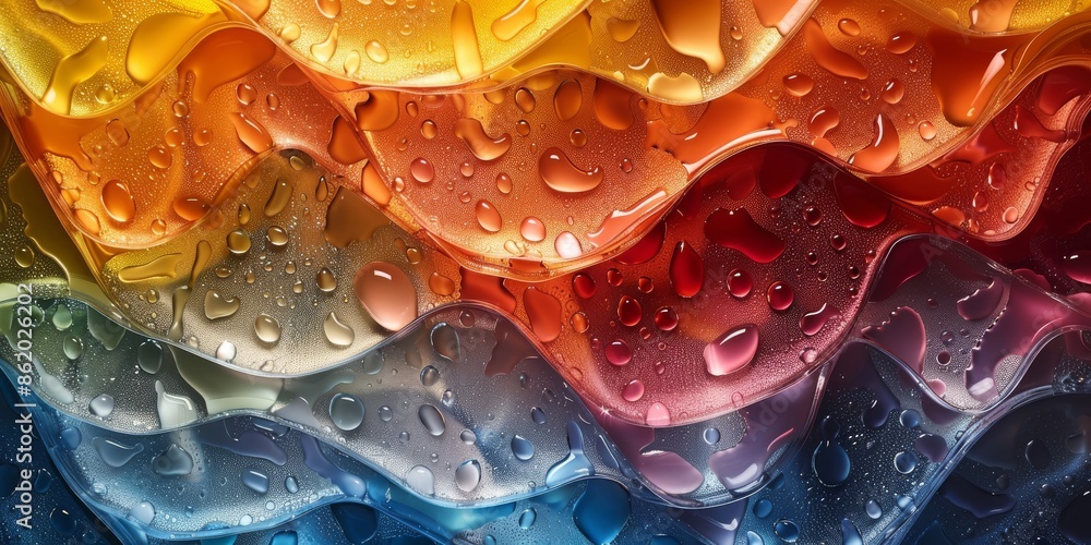 Poster close-up image of vibrant, colorful textured art with water droplets creating a dynamic visual effec