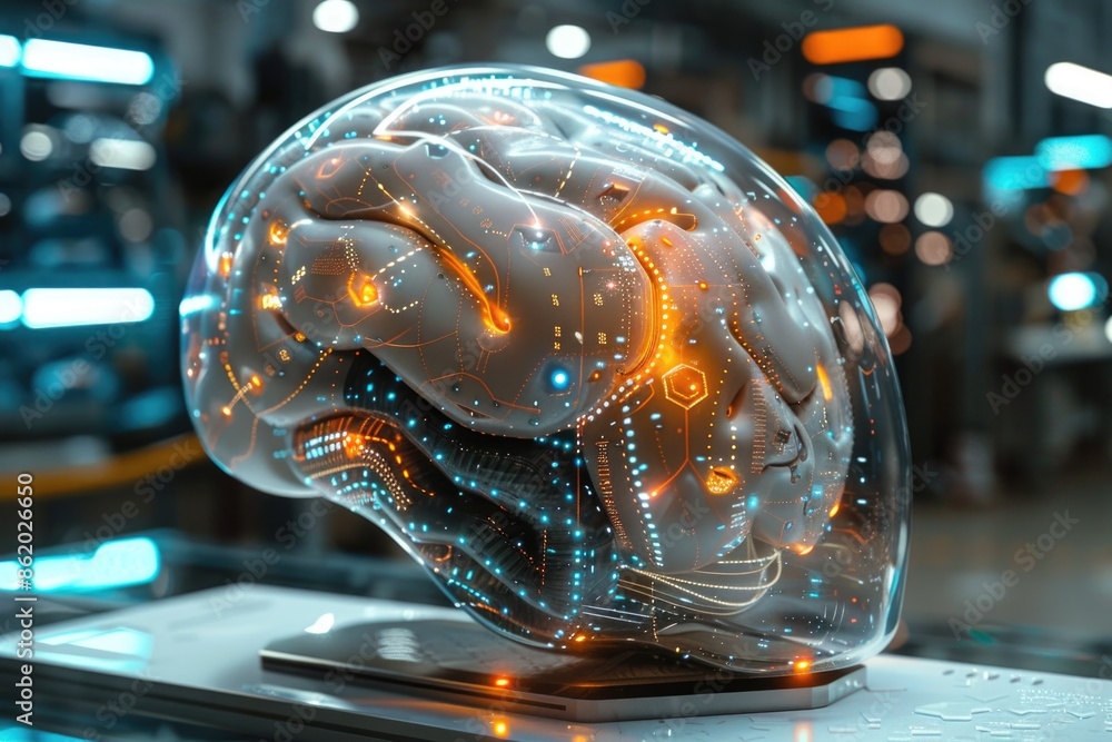 Poster a glass model of a brain is displayed on a table in this image.