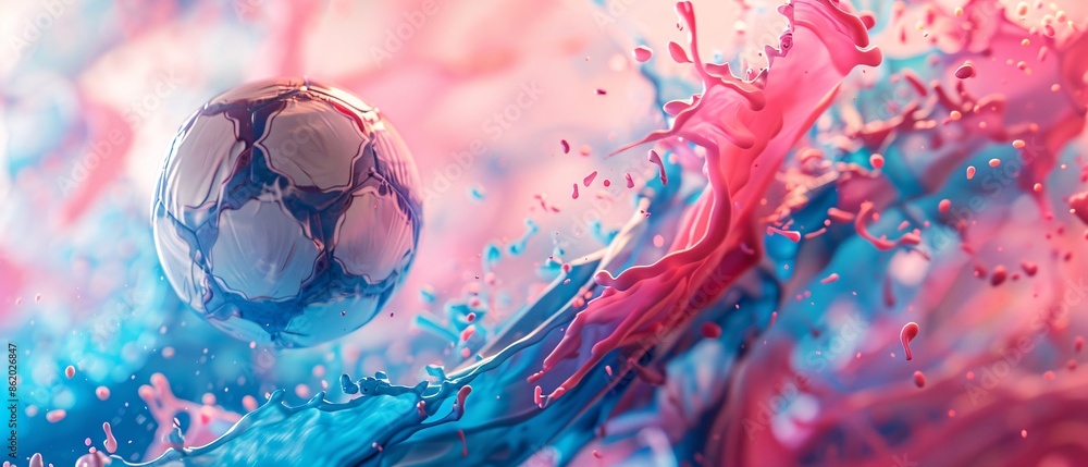 Wall mural Soccer Ball Splashing Through Pink and Blue Paint. - Wall murals