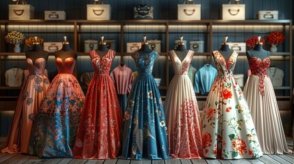Naklejka premium Clothes Elegant evening gowns displayed in a high-end boutique, featuring intricate designs and luxurious fabrics, perfect for special occasions. Illustration, Minimalism,