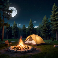 Camping-themed images, classic safari tents in the woods, sparkling campfires, sparkling stars and night skies with a full moon