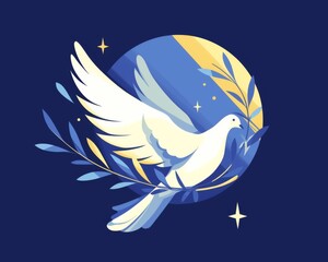 Obraz premium Peaceful Dove with Olive Branch and Sparkles on Dark Blue Background, Symbol of Harmony and Serenity