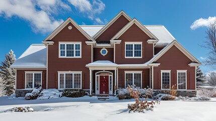 panoramic shot of a house with vinyl siding in rich mocha brown, making a warm and inviting statement against the stark contrast of snowy surroundings