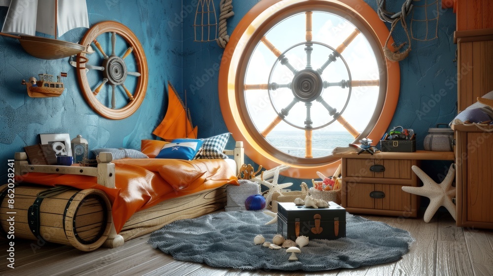 Poster a bedroom with a large window overlooking the ocean. generate ai image
