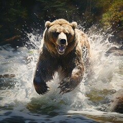 A large brown bear is seen confidently walking across a river.