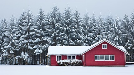 panoramic shot of a house with vinyl siding in bold crimson, making a striking visual statement against a backdrop of snow-covered fir trees