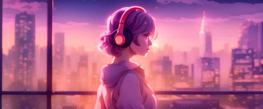 A woman with bright red headphones, her eyes closed, smiling softly, stands in the foreground