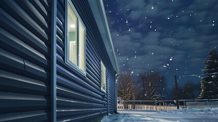 Obraz premium panoramic view of a building clad in midnight blue vinyl siding, with a snowy night sky providing a mysterious and intense backdrop, enhancing the siding's deep hue
