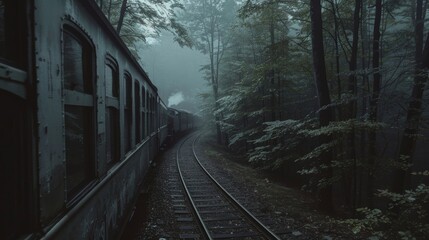 A train whistles through a dark and sinister forest reminiscent of the suspenseful train scenes in a popular mystery novel.