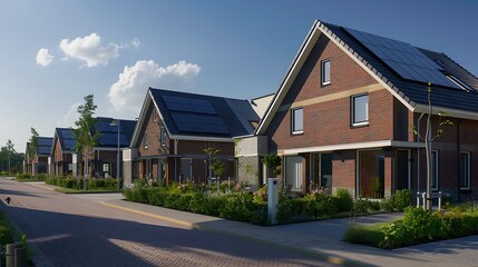 Fototapeta premium panoramic view of a new sustainable housing development, each home featuring eco-friendly brick siding and solar roofs