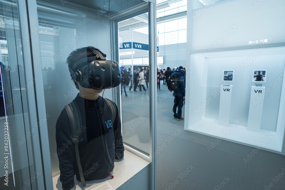 Poster woman using vr in a high tech public setting, emphasizing the integration of advanced technology in 