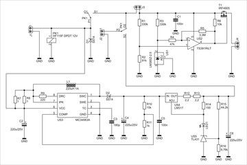 Schematic diagram of electronic device on sheet of paper.
Vector drawing electrical circuit with operational amplifier, 
connector,
resistor, integrated circuit, capacitor, led,
coil, other components