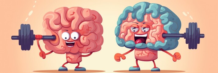Two animated brain characters actively lift a barbell, showcasing their strength and determination.