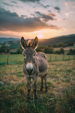 Donkey on a grassy hill