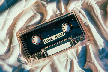 A love songs cassette tape is laying on a white surface. The tape is black and clear, and the words "love songs" are written on it. Concept of nostalgia and romance