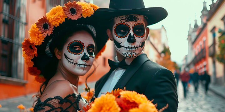Couple of people dressed as Catrina and Catrin, on the day of the dead in Mexico