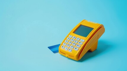 Yellow POS Terminal and Credit Card on Blue Background