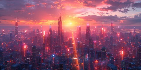 Witness the awe-inspiring beauty of a futuristic cityscape, where towering skyscrapers are bathed in the warm glow of a breathtaking sunset. A captivating blend of urban marvels and natural wonders.