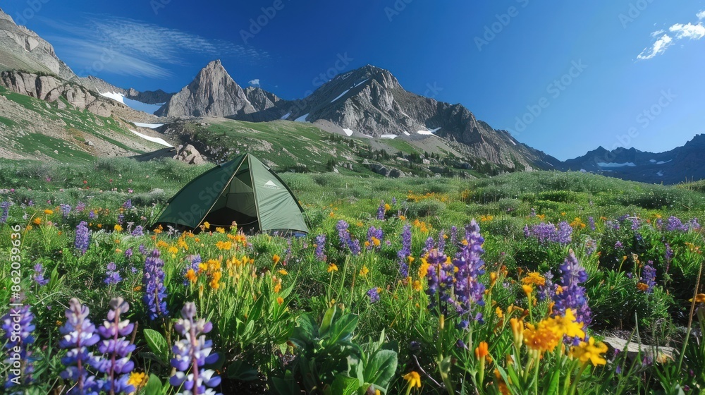 Poster a green tent is set up in a field of wildflowers. generate ai image