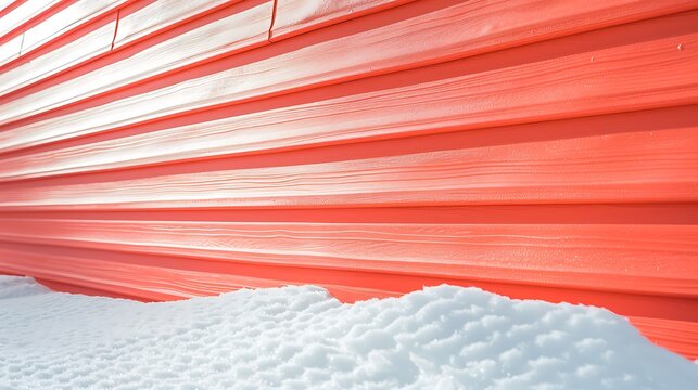 segment of vinyl siding in bright coral, with the surrounding snow enhancing its warm, inviting hue, ideal for those looking to brighten a dreary winter landscape