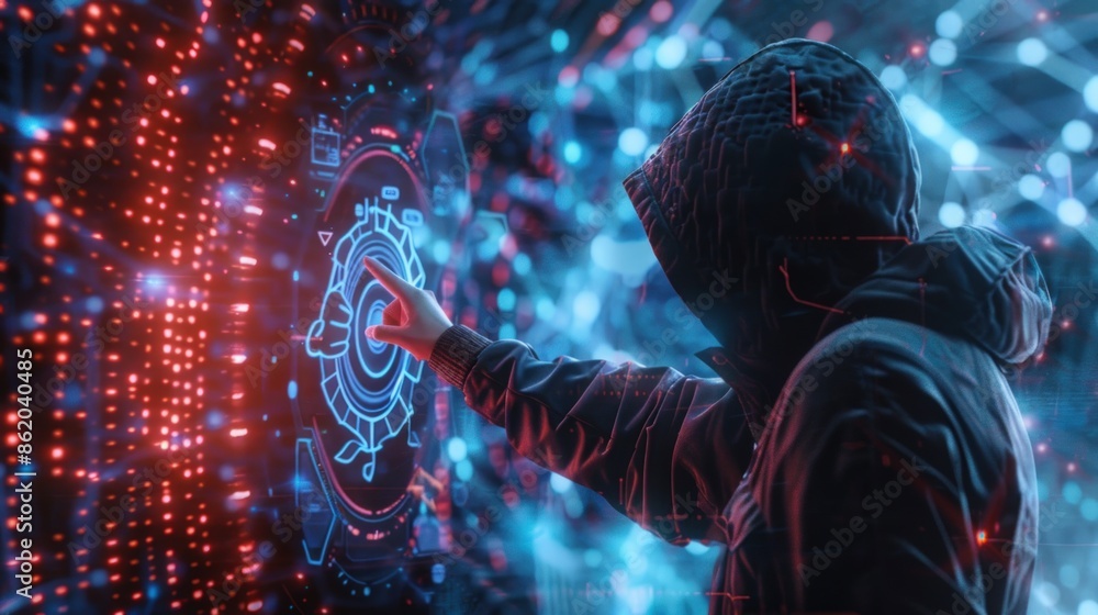 Poster a man in a hoodie is pointing at a glowing screen. generate ai image