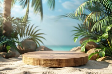 Fototapeta premium Round Wooden Platform on Sandy Beach With Ocean and Palm Trees in Background