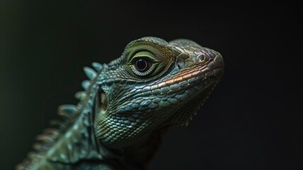 Green head lizard isolated on dark backdrop