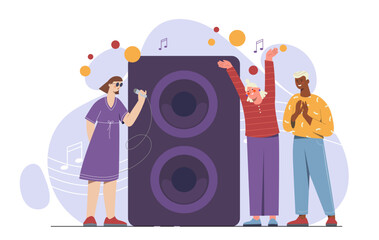 People at concert. Woman with microphone near large speakers sing. Entertainment and leisure, cultural rest. Talented musician and singer performing at scene. Cartoon flat vector illustration